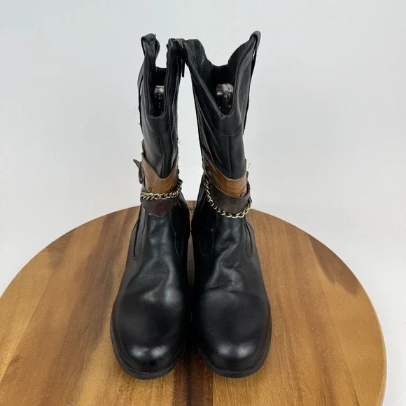 Womens Sandro Moscoloni Robin Belted Black Leather Cowboy Boots Size 7 M GUC - Picture 5 of 9